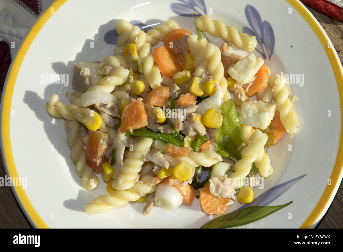 vegetarian salad pasta with vegetables mozzarella tuna and legumes Stock Photo