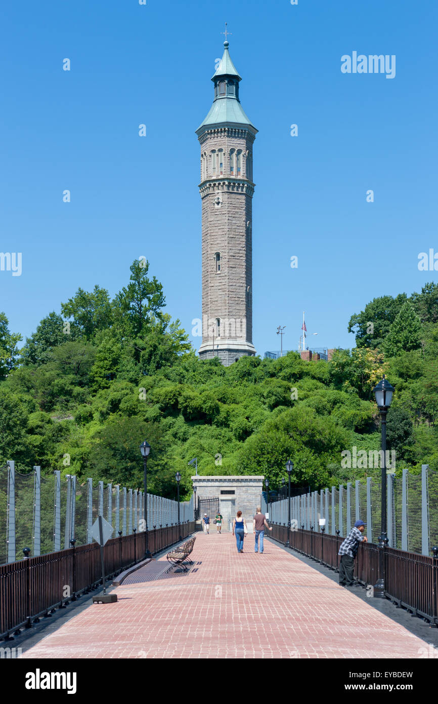 View of the walkway on the High Bridge leading to the Water Tower in Highbridge Park in Manhattan in New York City. Stock Photo
