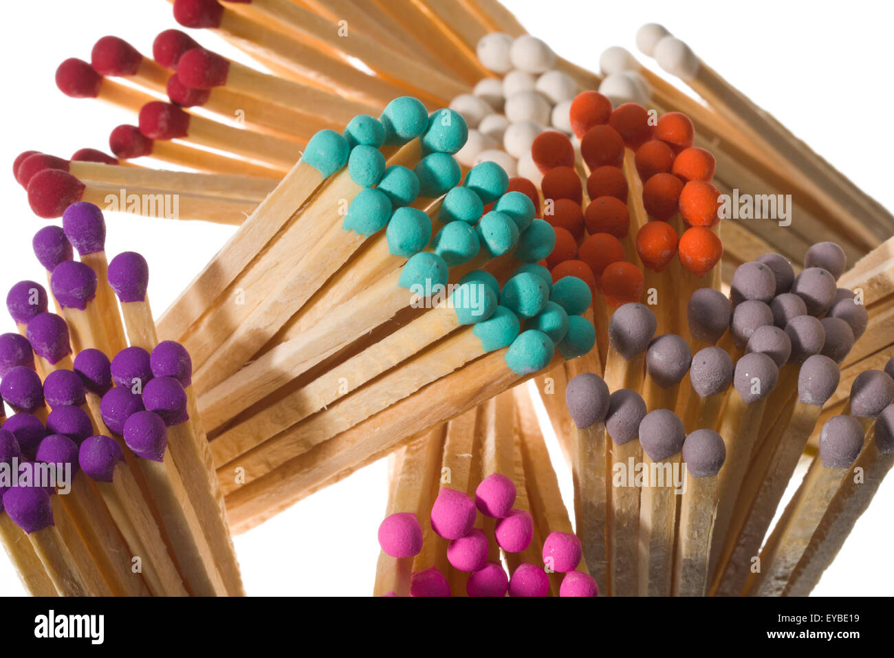 Multicoloured safety match heads. Long matches for lighting a fire. Stock Photo