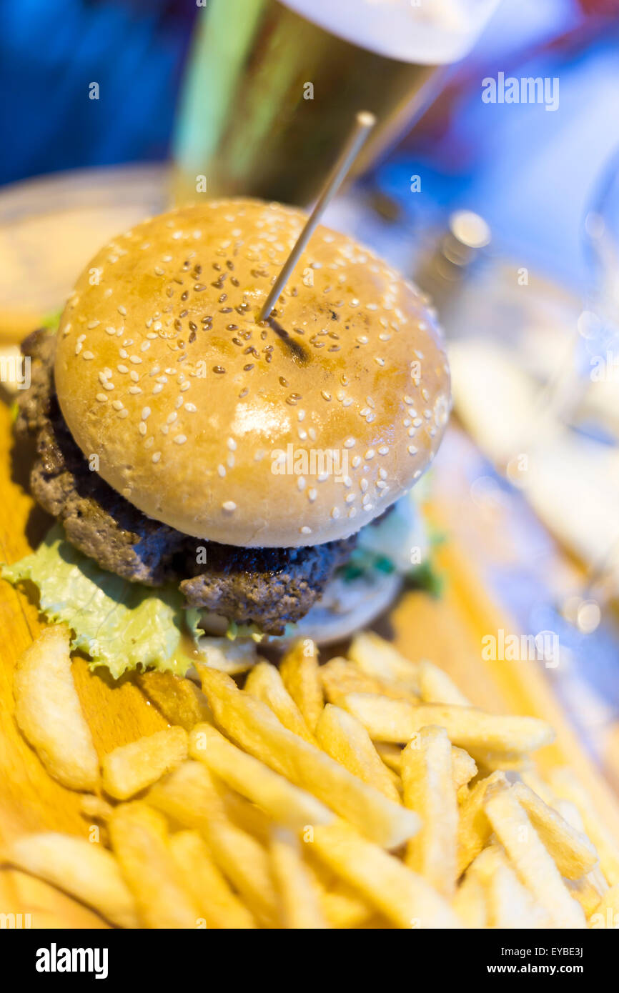 Hamburger with French Fries Stock Photo