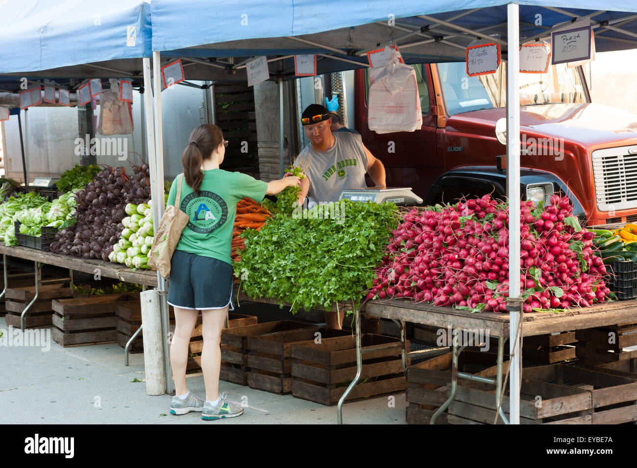 A woman buys vegetables at the Sugar Hill Greenmarket in New York City. Stock Photo