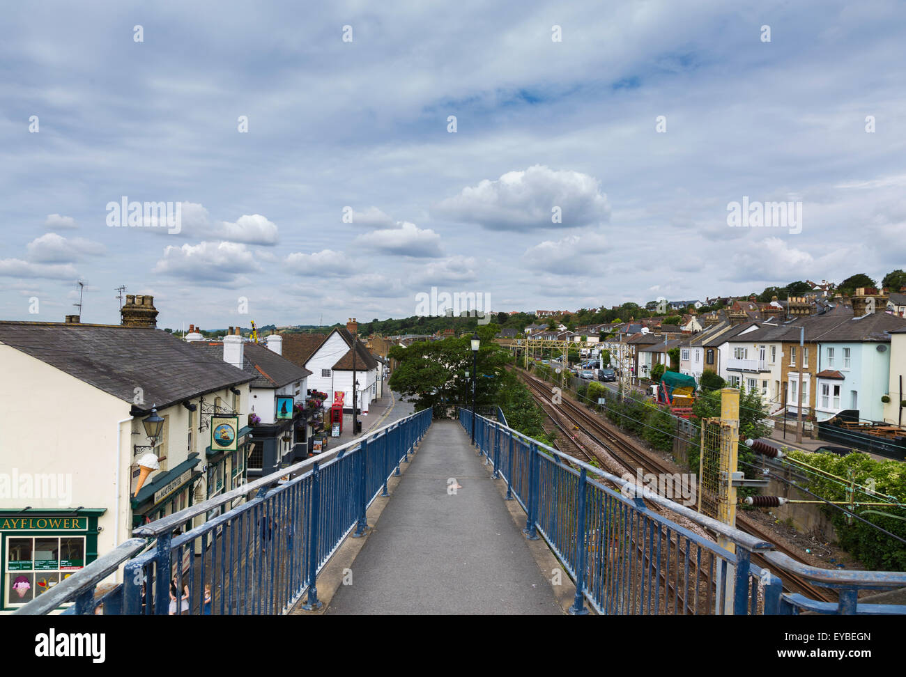 Looking North from Top of Pedestrian Ramp in High Street Old Leigh with London to Shoeburyness Railway Line Stock Photo
