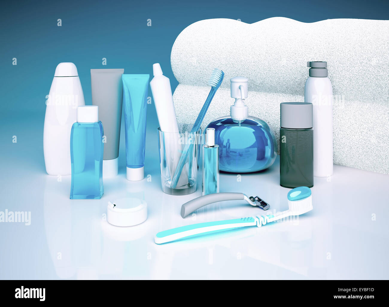 Set for morning hygiene. Toothpaste, brush, soap, balm, tooth thread