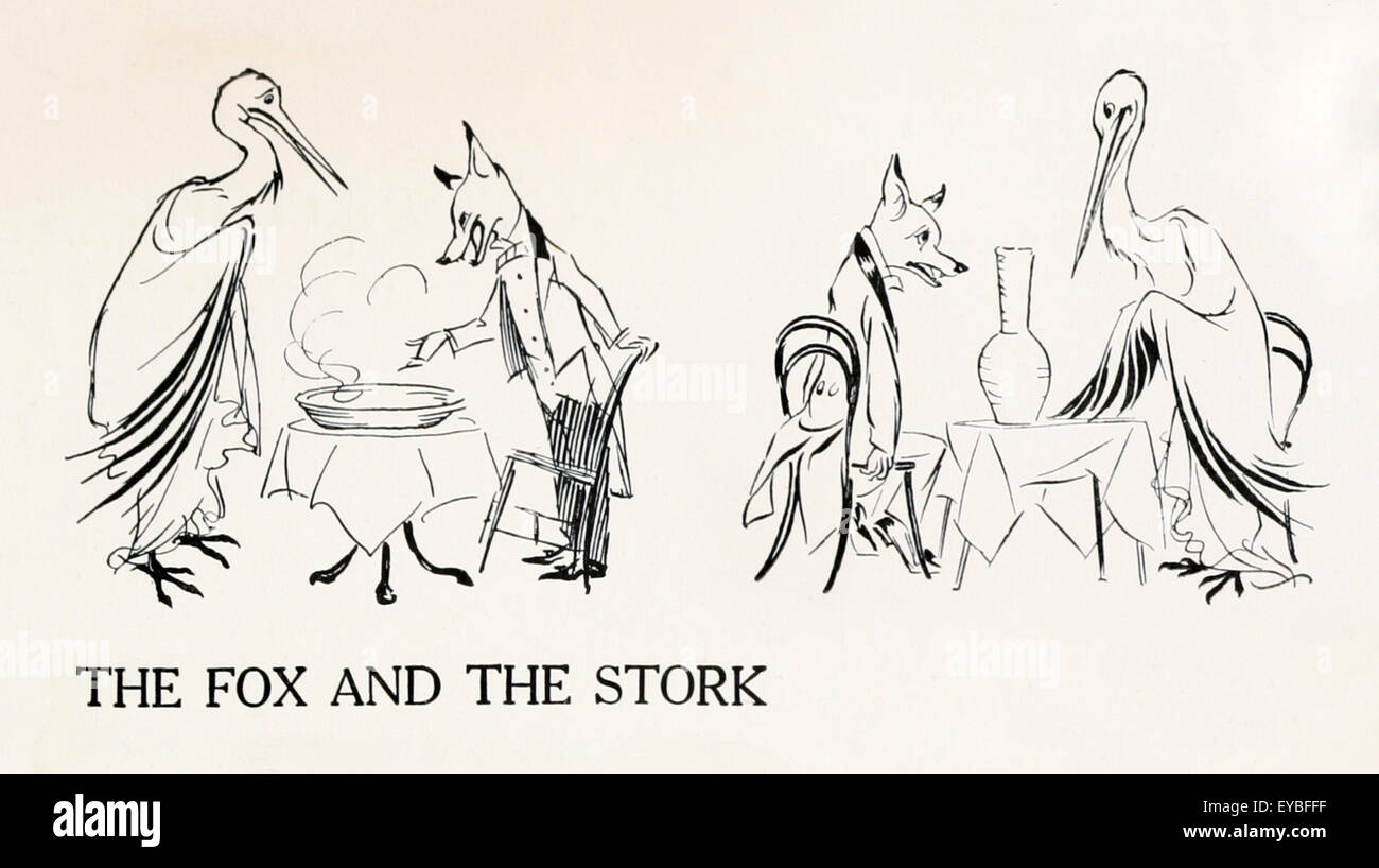 'The Fox and the Stork' (aka Crane) fable by Aesop (circa 600BC). A fox and stork trade suppers in dishes the other has a hard time using. One bad turn deserves another. Illustration by Arthur Rackham (1867-1939). See description for more information. Stock Photo