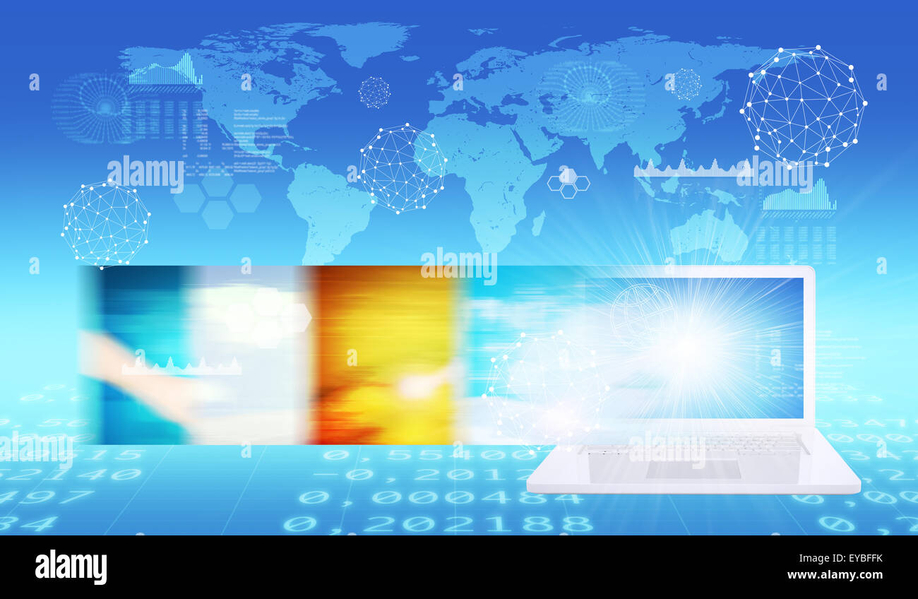 Laptop with world map Stock Photo - Alamy