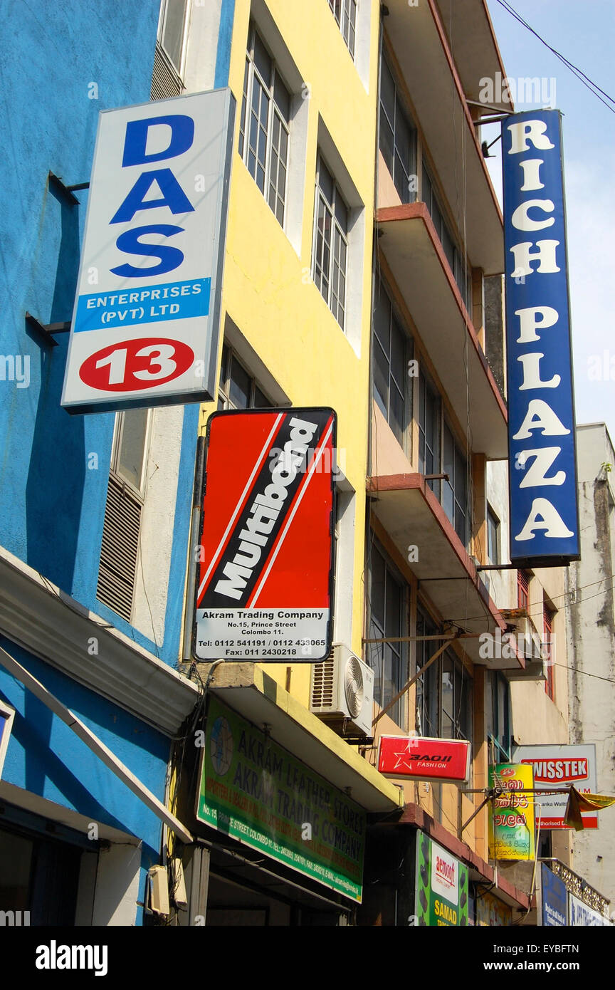 shop signs in the Pettah bazaar, Colombo, Sri Lanka Stock Photo
