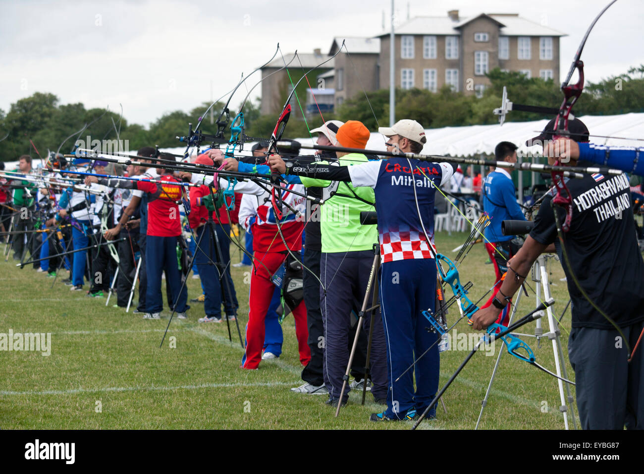 Copenhagen, Denmark, July 26th, 2015. Archers practices in Copenhagen before the qualification rounds in the World Archery Championship begins Monday, July 27th. The Copenhagen event sets world record in participating archers and nations with 623 shooters from 100 countries Credit:  OJPHOTOS/Alamy Live News Stock Photo