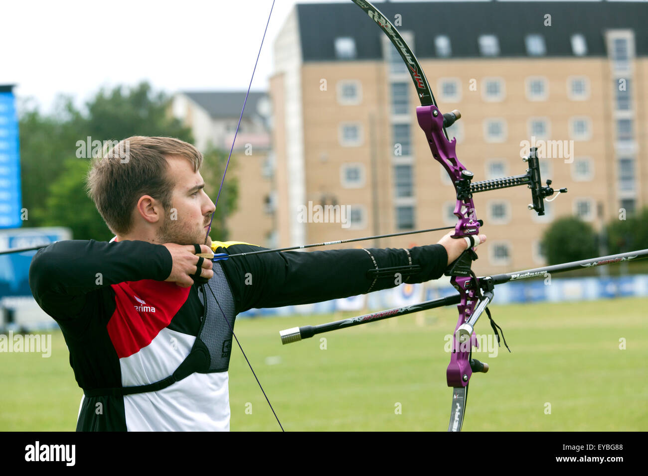 Copenhagen, Denmark, July 26th, 2015. Archer Florian Kahllund, Germany (2014 Gold winner in Antalya Archery World Cup S3) practices his shooting  before the World Archery Championships tournament begins Monday, July 27th. In Copenhagen. Credit:  OJPHOTOS/Alamy Live News Stock Photo