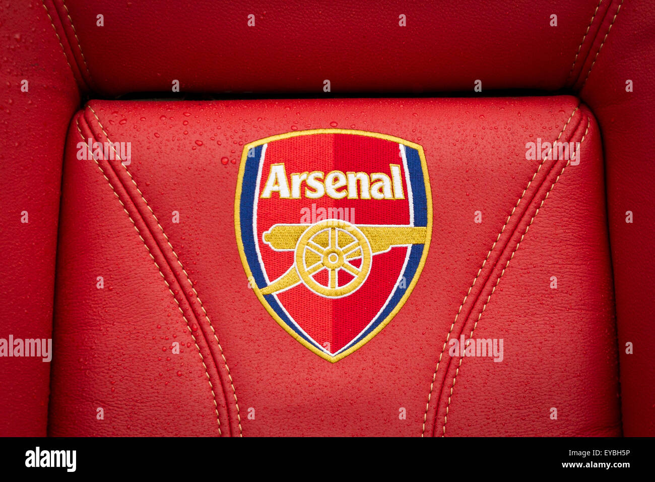 London, UK. 26th July, 2015. Emirates Cup. Arsenal vs VfL Wolfsburg. Detail of an embroidered Arsenal crest on a dugout seat. Credit:  Action Plus Sports/Alamy Live News Stock Photo