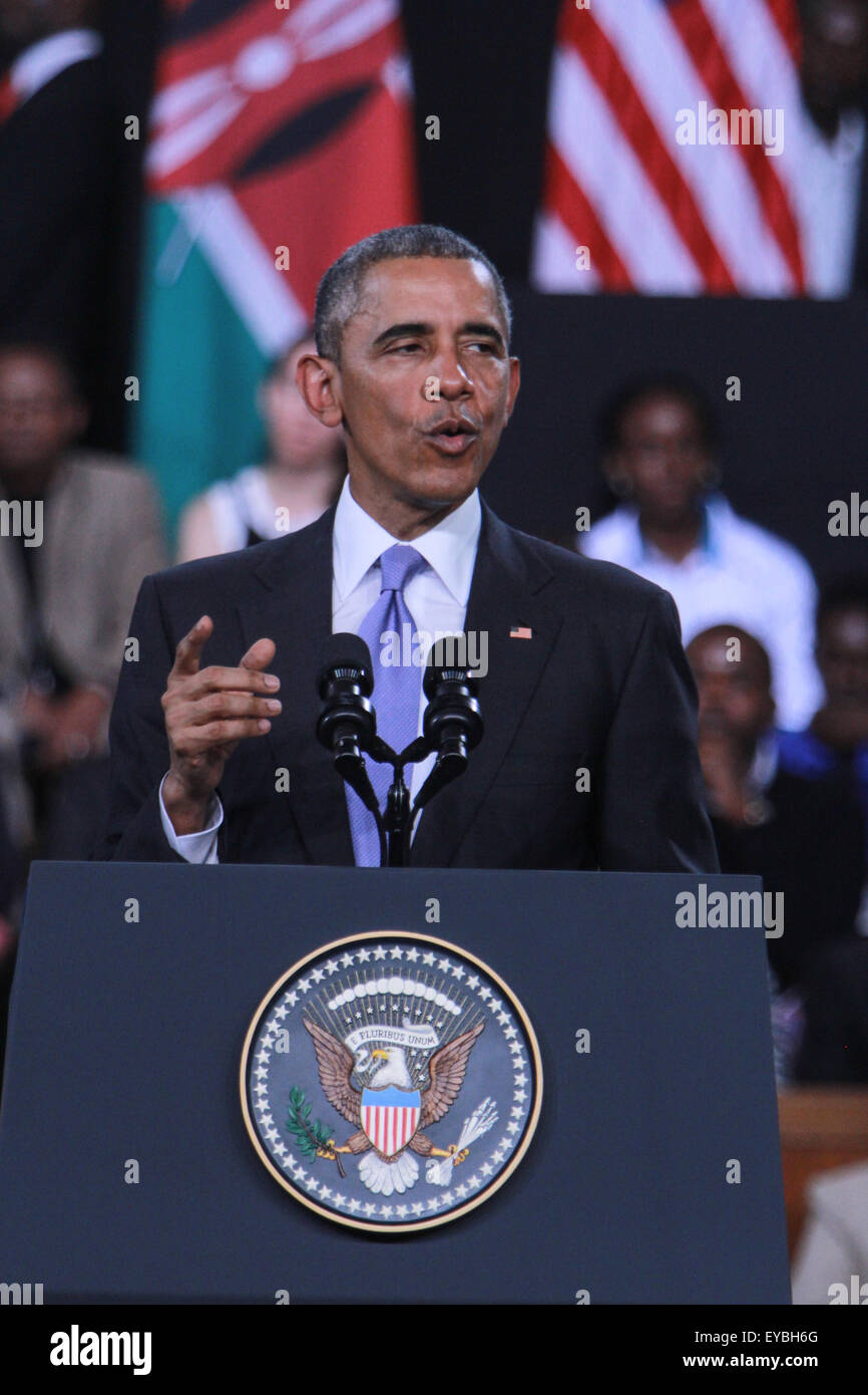 Kenya. 26th July, 2015. US President Barack Obama gestures as he delivers a speech at Moi International Sports Kasarani in Nairobi, Kenyan capital. Obama is wrapping up his three-day visit to Kenya before heading to Ethiopia. It was his first visit to his father's homeland since becoming president. He promoted Africa as a hub for global economic growth and addressed issues on terrorism, economic recovery and human rights. © Tom Maruko/Pacific Press/Alamy Live News Stock Photo