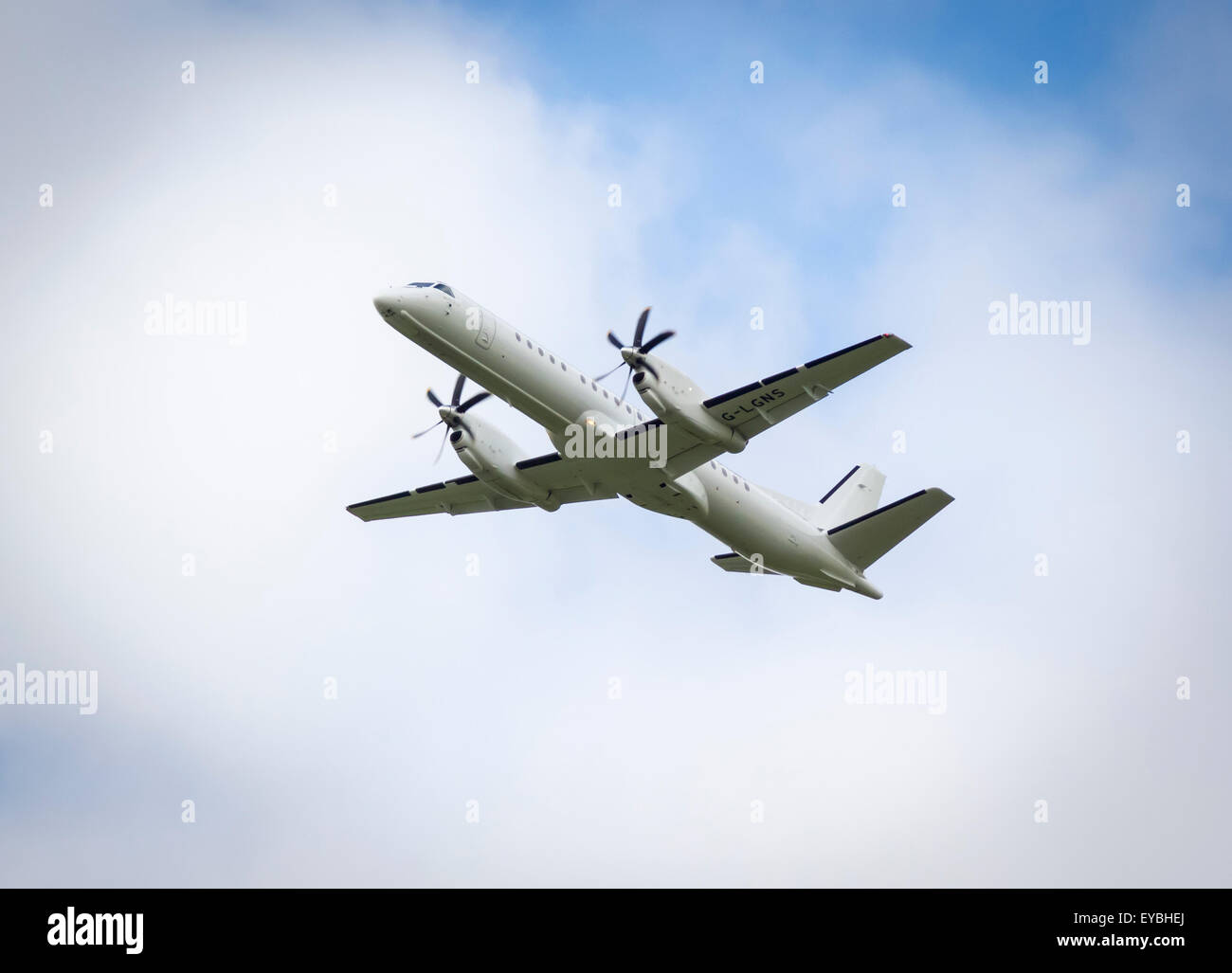 Loganair Saab 2000 Airplane G-LGNS taking off from Manchester Airport Stock Photo