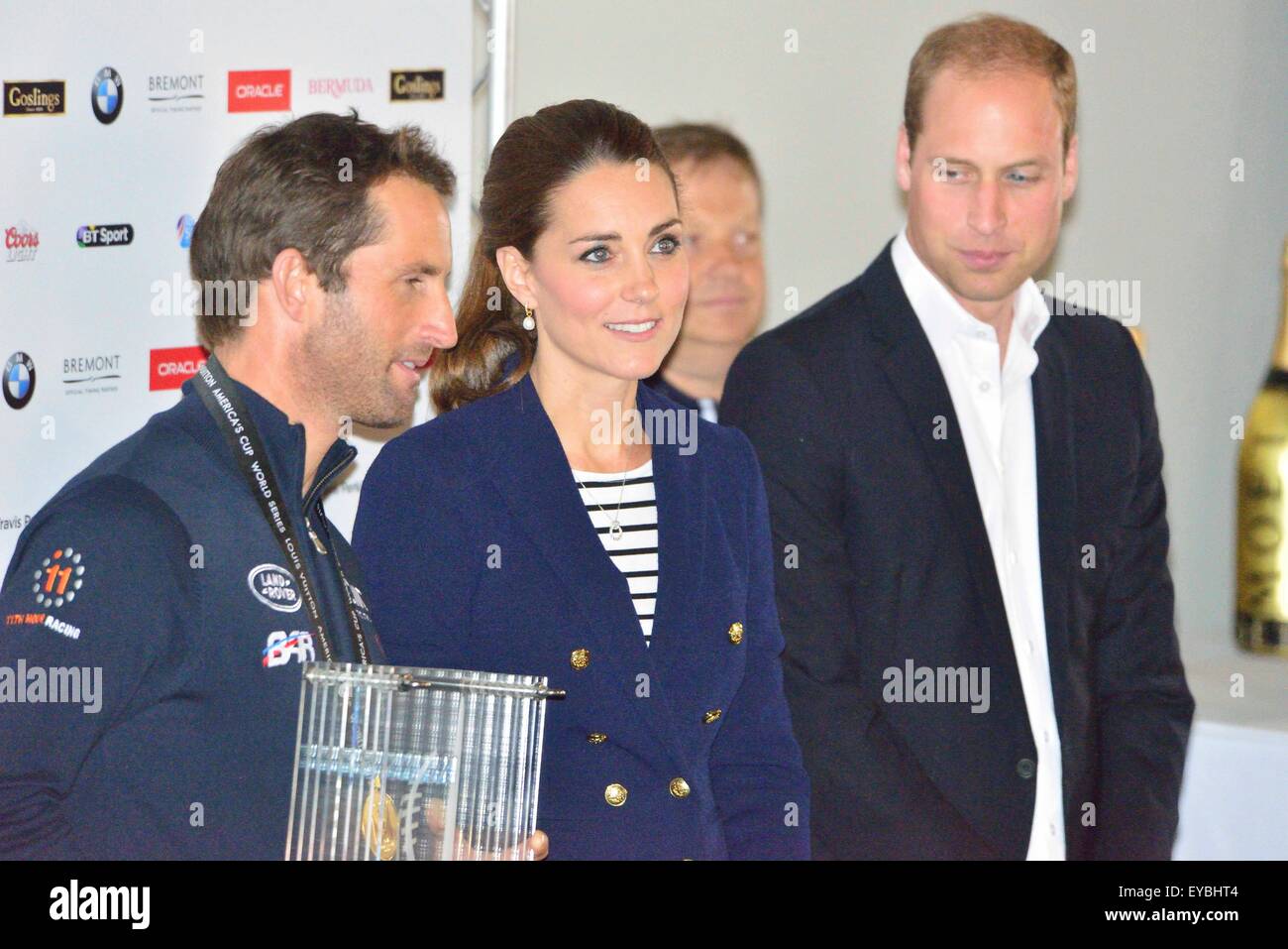 Portsmouth, Hampshire, UK. 26th July, 2015. The Duke and Duchess of Cambridge present Sir Ben Ainslie, skipper of the British 'Land Rover BAR' team with the cup for winning the Louis Vuitton America's Cup World Series Portsmouth at the official prize giving.  The cup was designed by 5 year old Leo Howard from a local school on behalf of the 1851 Trust and made by artist Michelle Littlewood Credit:  Wendy Johnson/Alamy Live News (photographer media accredited for this event) Stock Photo