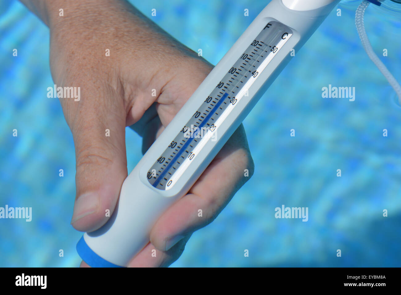 Thermometer in swimming pool, measuring 31C water temperature in the summer during a heatwave in Spain. Stock Photo