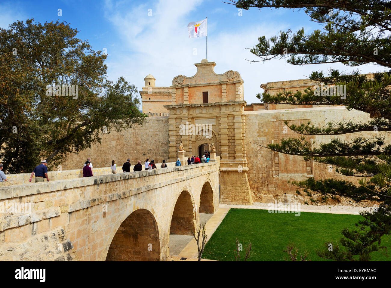 The entrance in Medival Mdina town and tourists, Malta Stock Photo