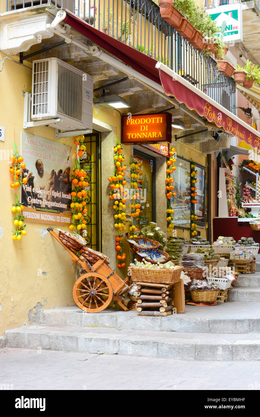 Shopping in Taormina, Sicily, Italy. A shop selling produce from the