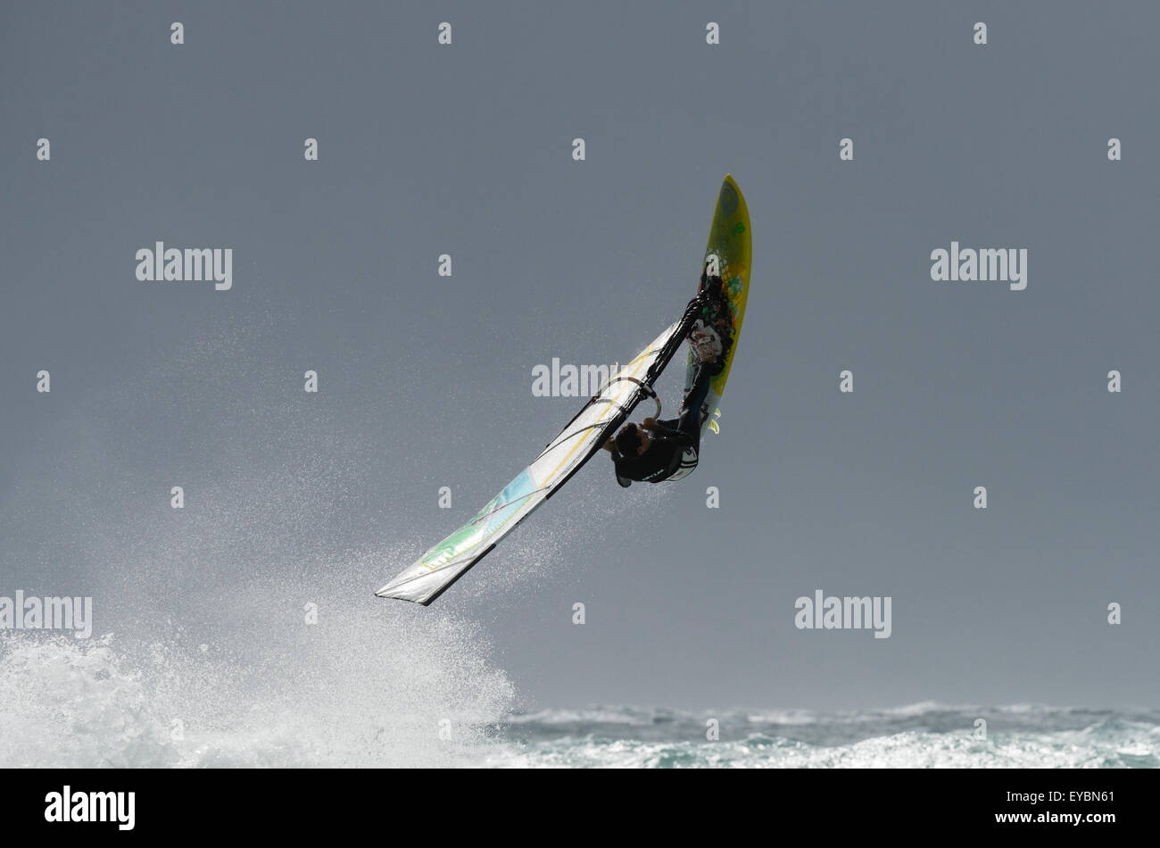 Windsurfing action. Tarifa, Cadiz, Costa de la Luz, Andalucia, Southern Spain. Stock Photo