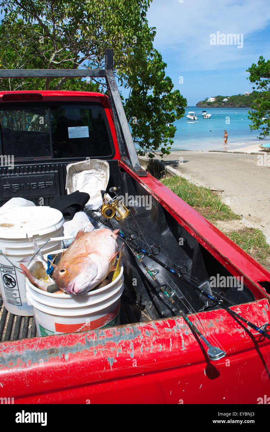 Caribbean island of St. Thomas, US Virgin Islands with red pickup truck