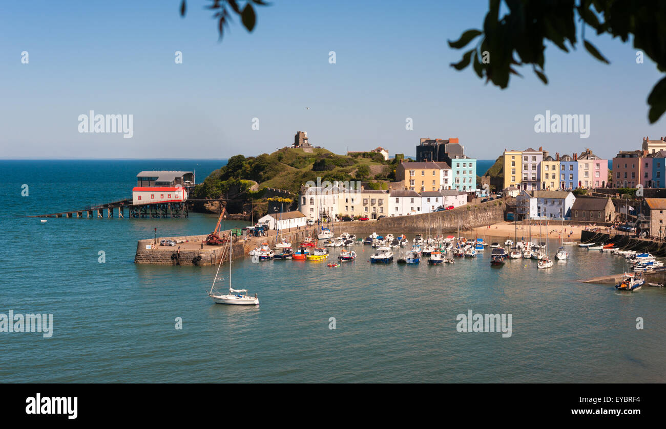 Boats moored in Tenby harbour. Pembrokeshire, Wales, UK. Stock Photo