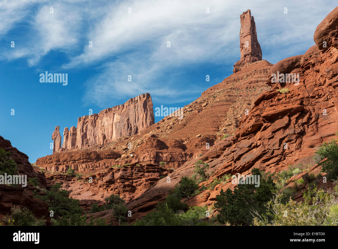 Wingate sandstone buttes, Castleton Tower and Priest and Nuns aka: the Rectory, Castle Valley, Moab, Utah Stock Photo