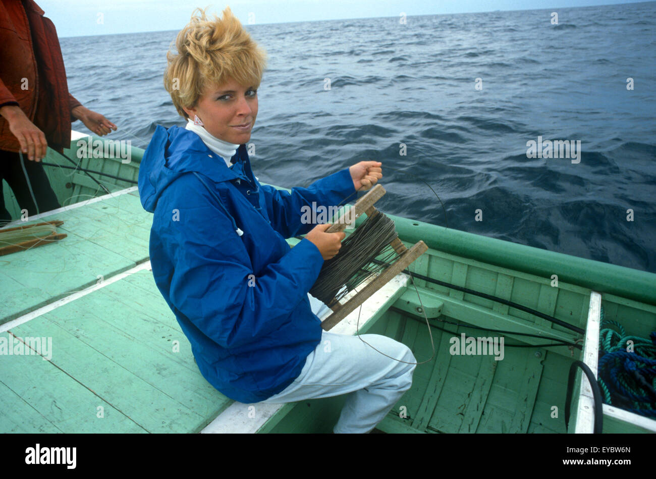North America, Canada, Newfoundland, Bonavista, jigging for codfish in a fishing boat Stock Photo