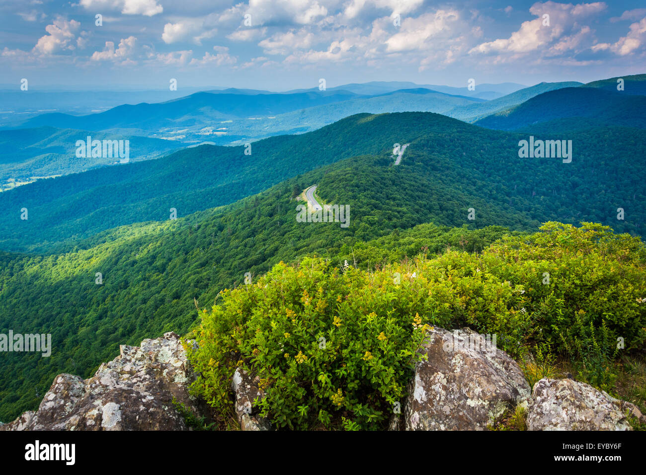 View of the Blue Ridge Mountains from Little Stony Man Cliffs in Shenandoah National Park, Virginia. Stock Photo