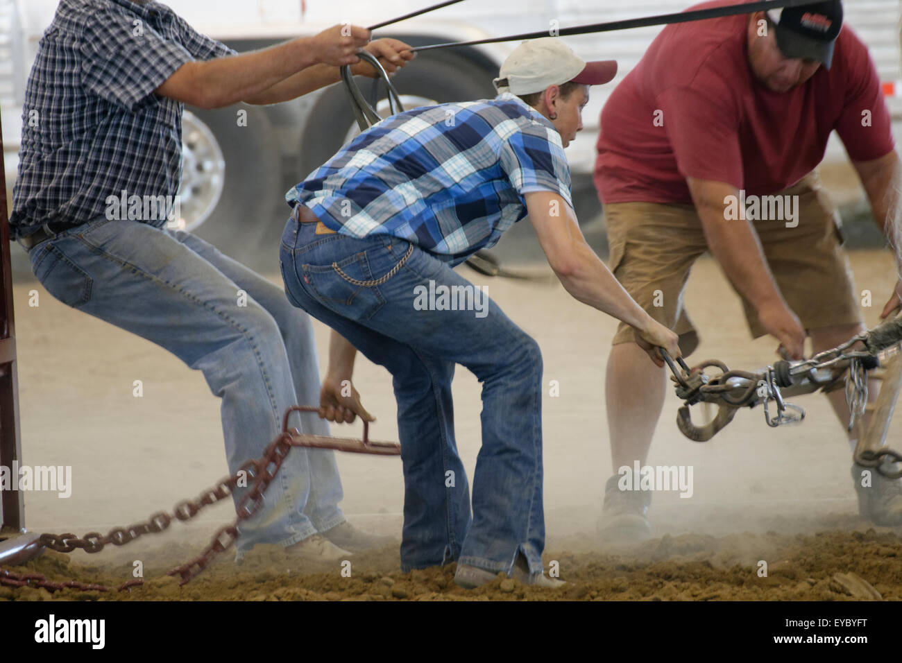 Three men hook up the doubletree during a draft horse pulling