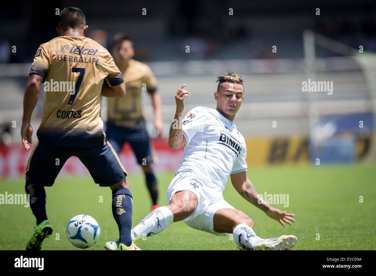 Mexico City, Mexico. 26th July, 2015. Javier Cortes (L) of UNAM's Pumas  vies with Edwin Cardona of Monterrey during a match at the 2015 Opening  Tournament of MX League, in Mexico City,