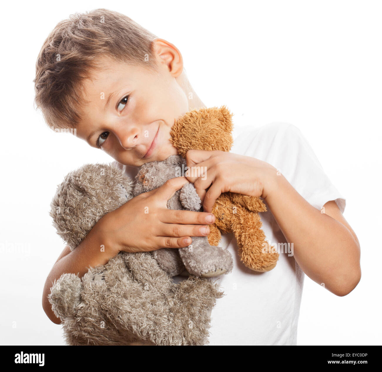little cute boy with many teddy bears hugging isolated Stock Photo - Alamy