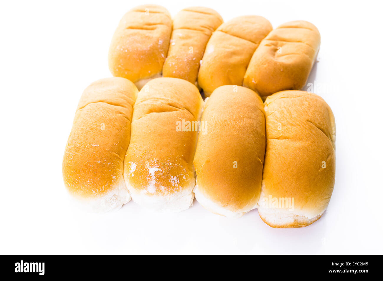 Freshly baked hot dog buns on a white background Stock Photo Alamy