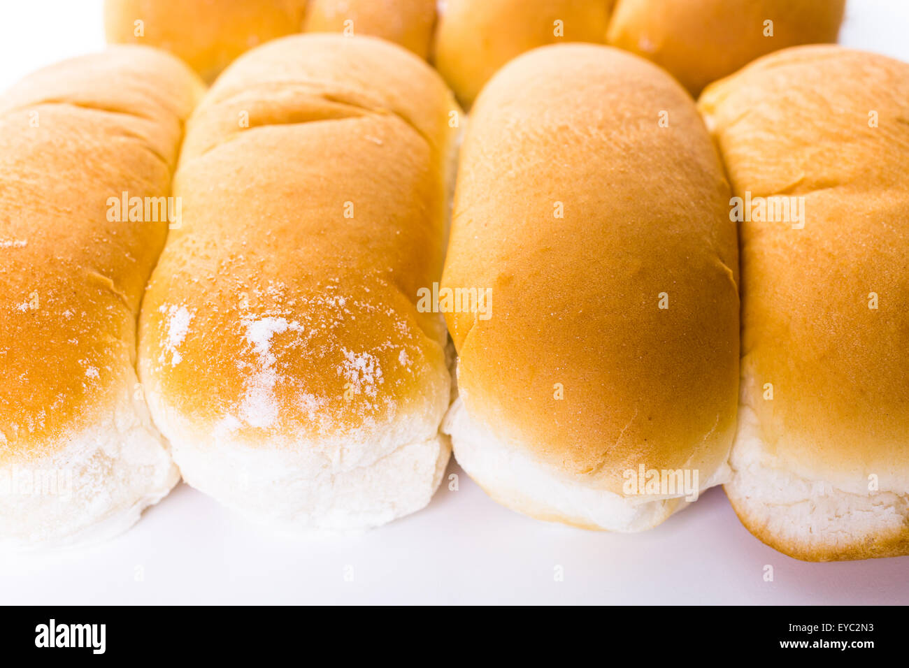 Freshly baked hot dog buns on a white background Stock Photo Alamy