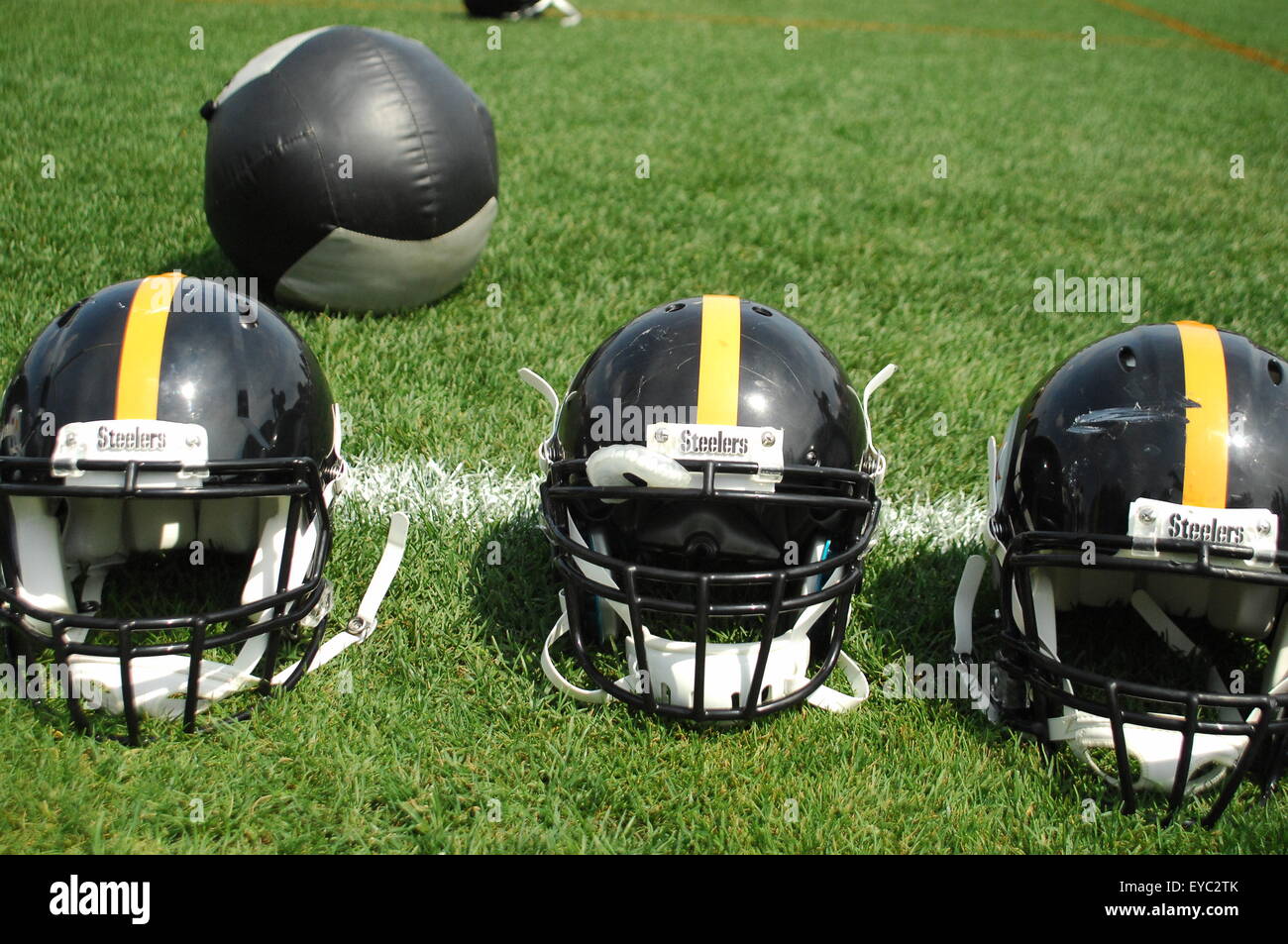 Latrobe, Pennsylvania, USA. July 26th, 2015: Steelers helmets during the Pittsburgh Steelers training camp at St Vincent College in Latrobe, PA. Credit:  Cal Sport Media/Alamy Live News Stock Photo