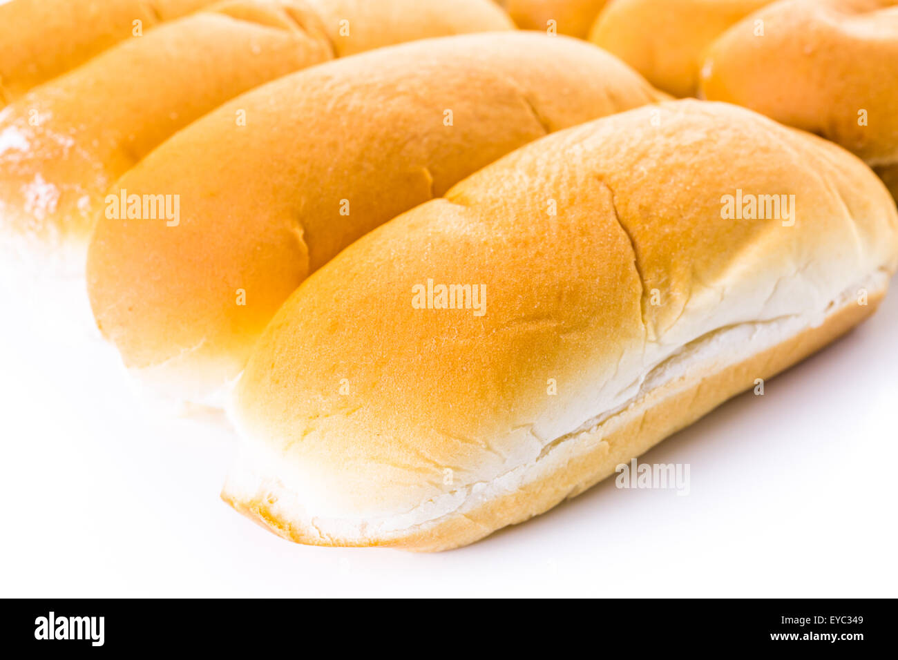 Freshly baked hot dog buns on a white background Stock Photo Alamy