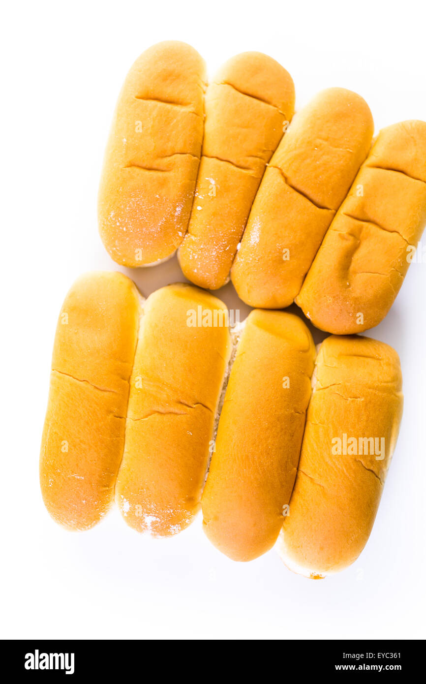 Freshly baked hot dog buns on a white background Stock Photo Alamy