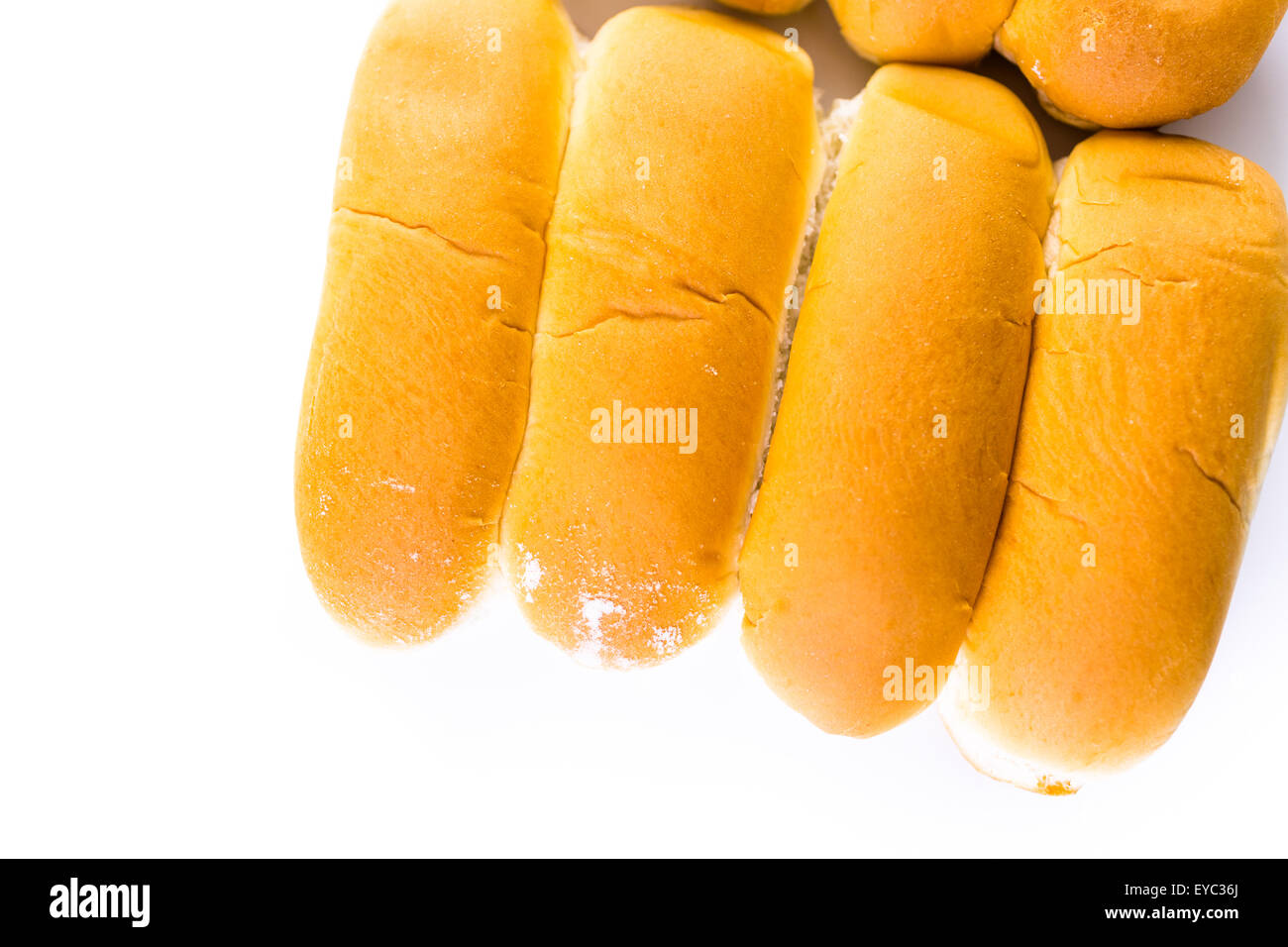 Freshly baked hot dog buns on a white background Stock Photo Alamy