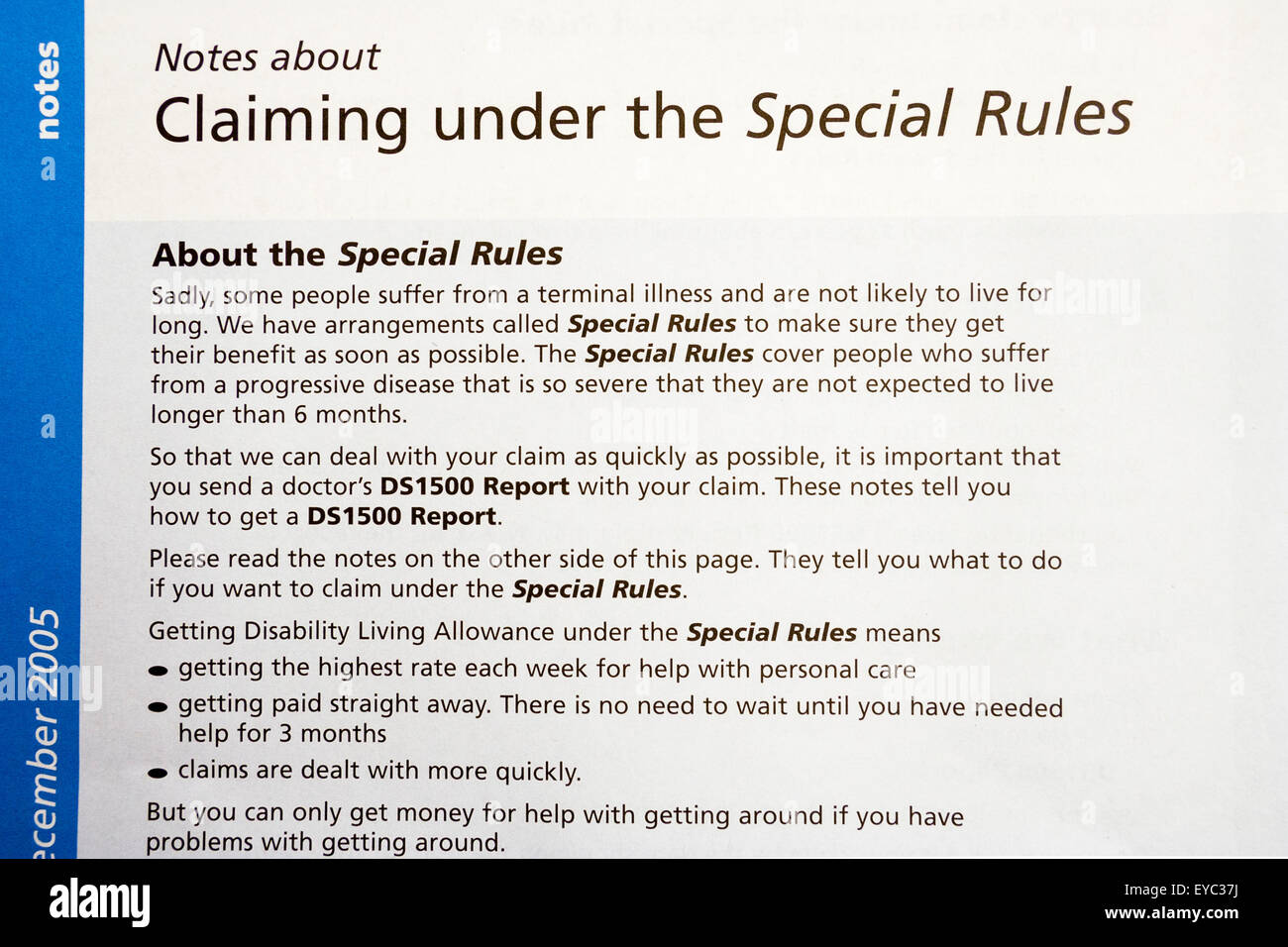 British state benefit, DWP, DLA leaflet for Claiming under special rules, terminally ill people. Front of leaflet with explanation of special rules. Stock Photo