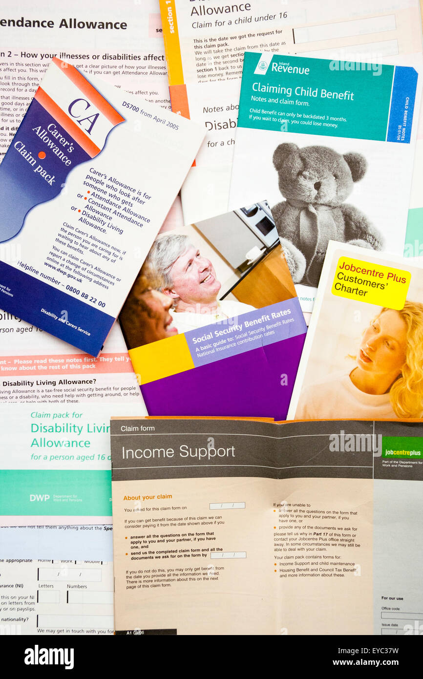 Various types of British social security benefit claim forms and