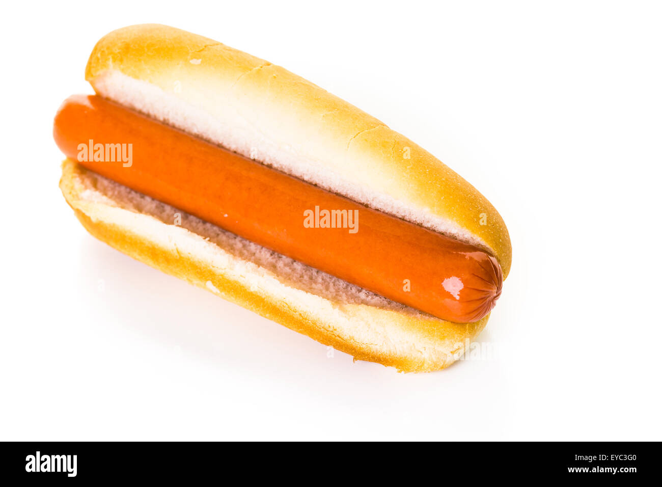 Traditional hot dogs on a white hot dog bun on a white background Stock