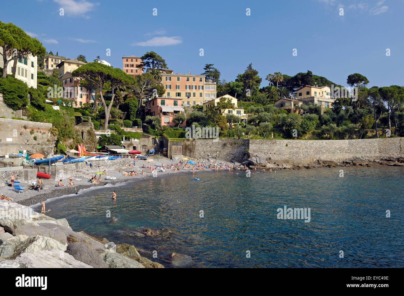 View on Mediterranean sea and shoreline with hotels and houses among hills on popular touristic resort in Recco, Italy. Stock Photo