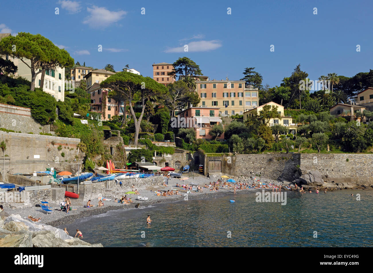 View on Mediterranean sea and shoreline with hotels and houses among hills on popular touristic resort in Recco, Italy. Stock Photo
