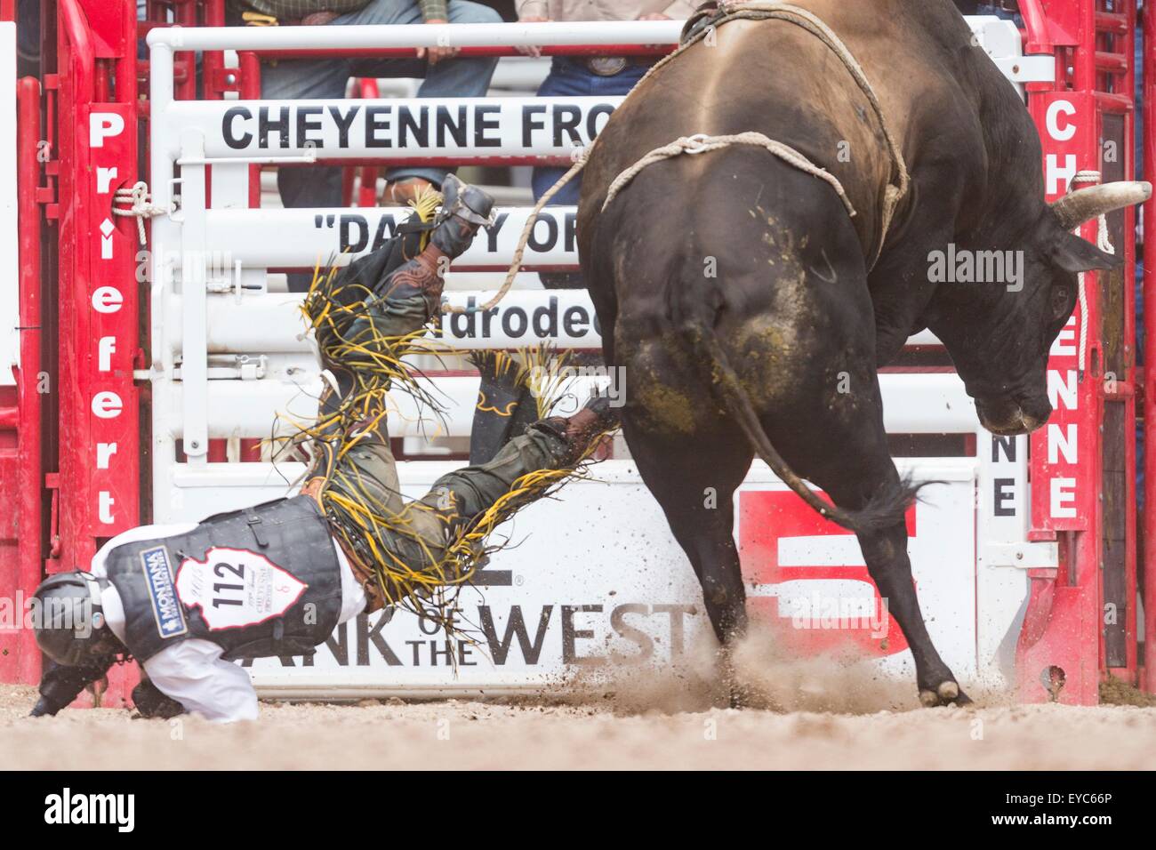 Cheyenne, Wyoming, USA. 26th July, 2015. Bull rider Lon Danley is tossed from his bull during the Bull Riding finals at the Cheyenne Frontier Days rodeo in Frontier Park Arena July 26, 2015 in Cheyenne, Wyoming. Frontier Days celebrates the cowboy traditions of the west with a rodeo, parade and fair. Stock Photo