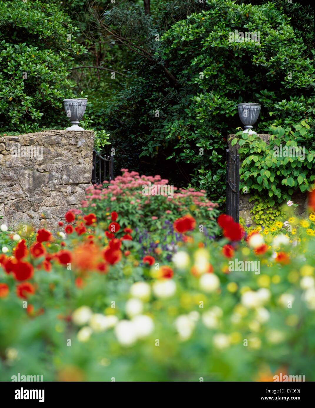 Flowerbed And Stone Wall; Landscaped Garden Stock Photo