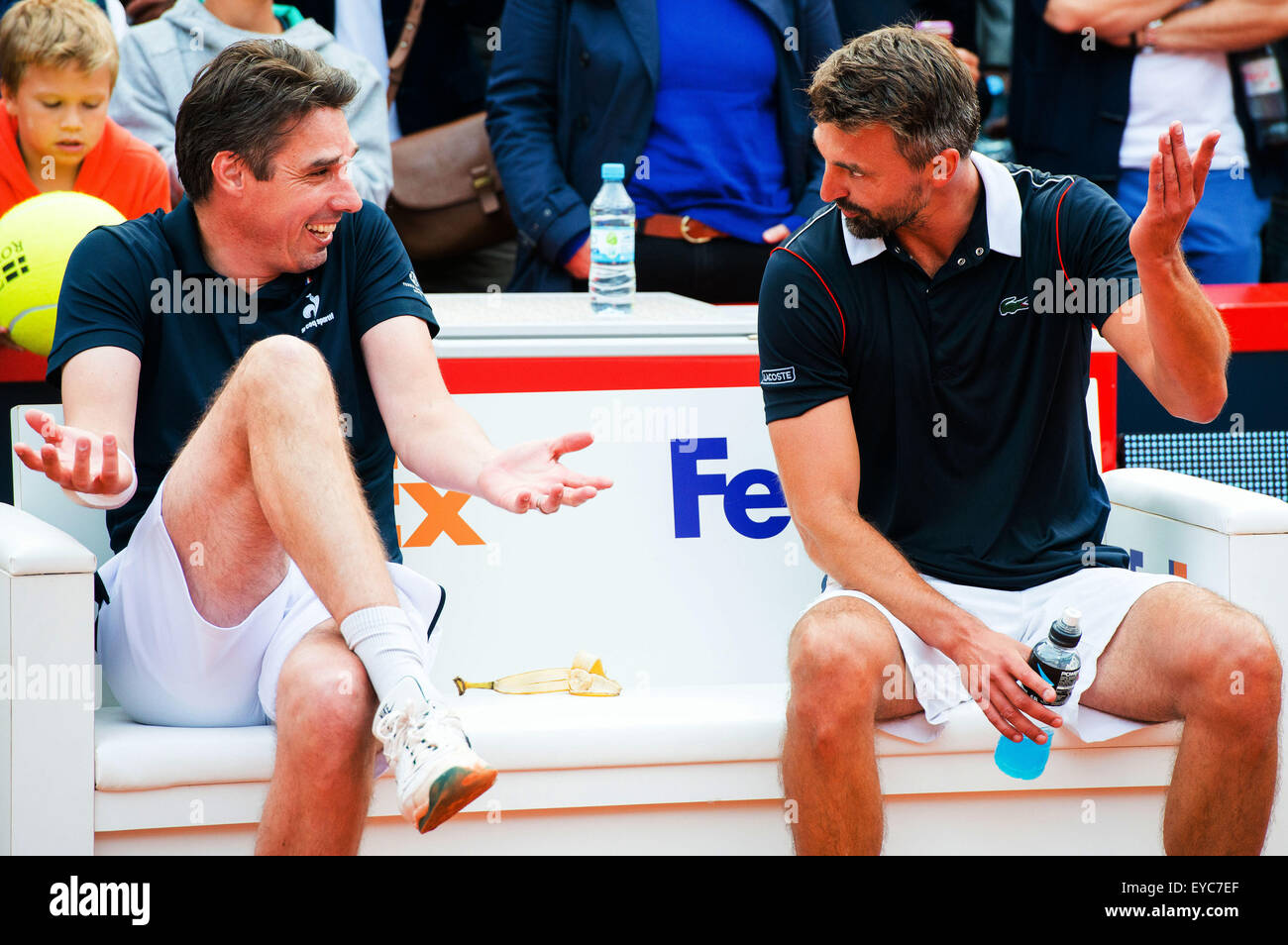 Former tennis pros Michael Stich (L) of Germany and Goran Ivanisevic of  Croatia talk to each other during the Tennis Legenden-Match (lit. Match of  the tennis legends) event in Hamburg, Germany, 26