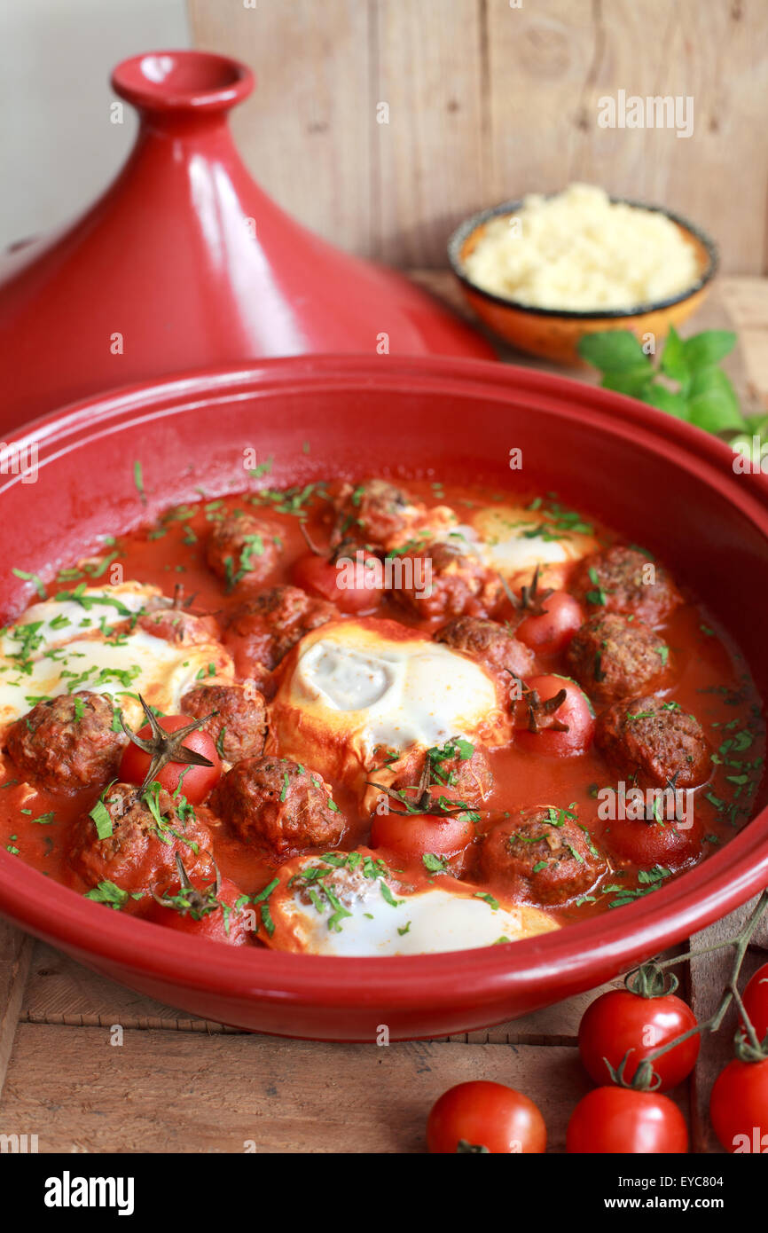 Moroccan tagine of lamb with kefta (meatballs), tomatoes and eggs on a