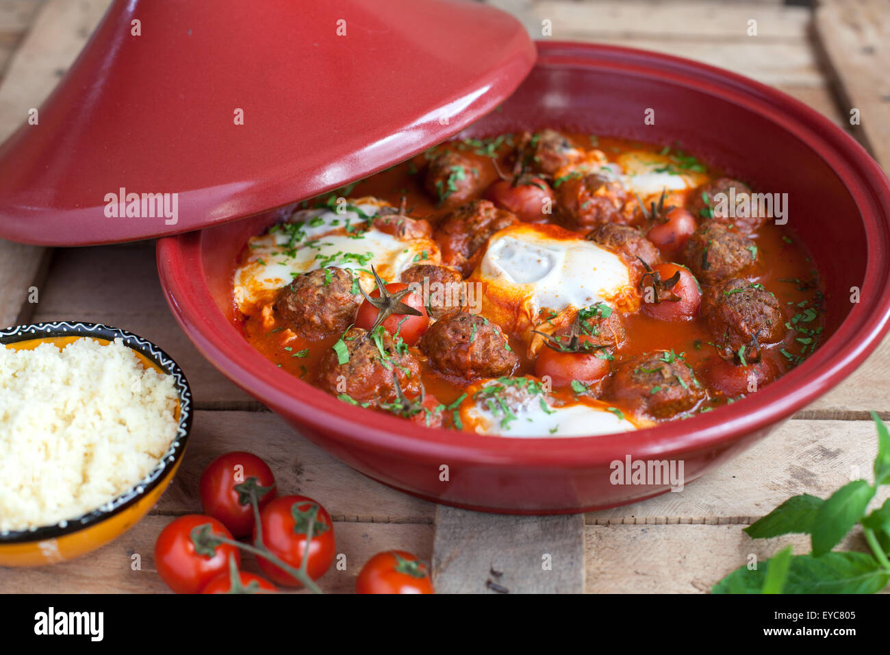 Moroccan tagine of lamb with kefta (meatballs), tomatoes and eggs on a