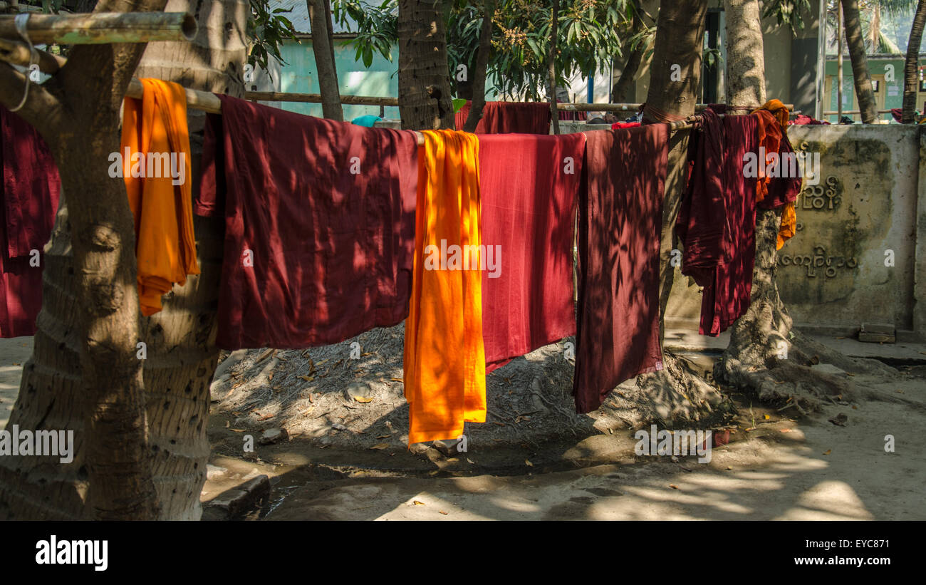 Monks Robes Drying in the Sun, Mahagandayon Monastery, Amarapura, Myanmar, Asia Stock Photo