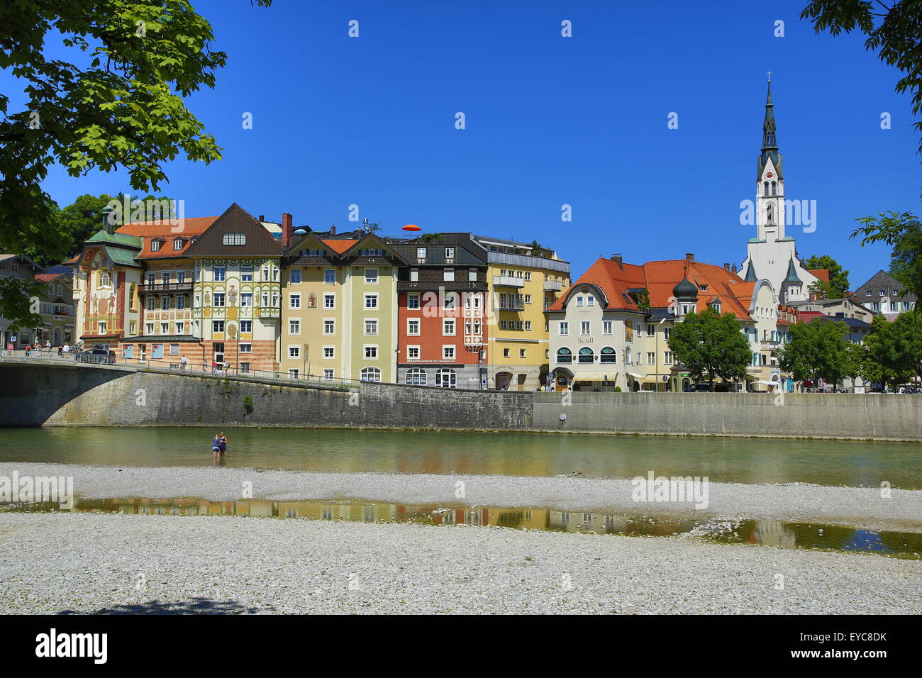 Twonscape with Isar and Parish Church of the Assumption, Bad Tölz, Upper Bavaria, Bavaria, Germany Stock Photo