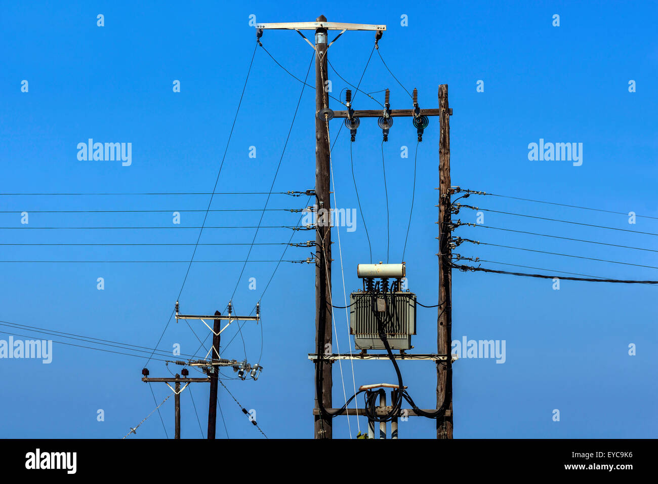 Electricity Electrical transformer and Power wires in sky Greece Stock Photo