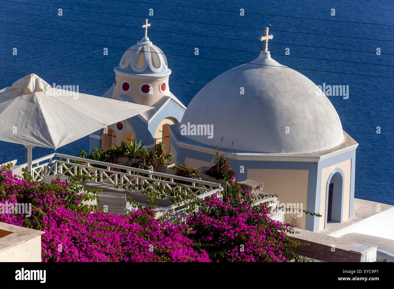Fira Santorini, Cyclades Islands, Greek Island, Greece bougainvillea Stock Photo
