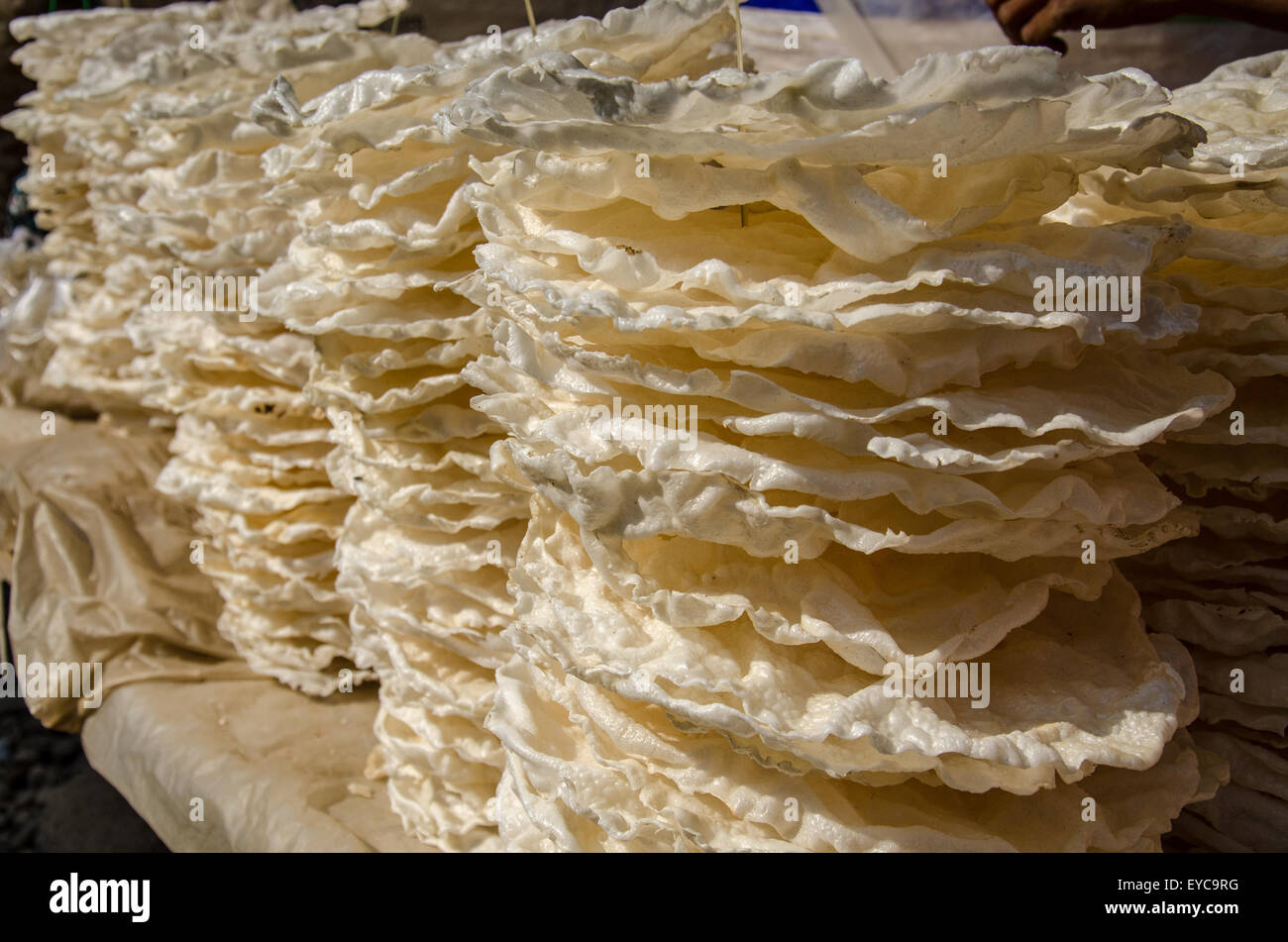 Stacks of Rice Crackers, Thaung Tho Market, Lake Inle, Myanmar Stock Photo