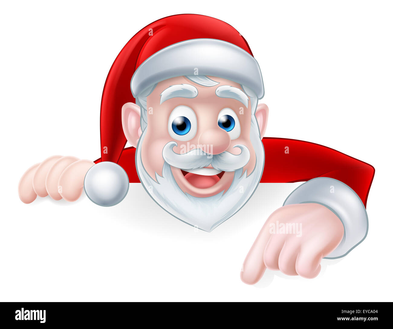 Cartoon cute Santa Claus Christmas illustration with Santa pointing down at a sign or message Stock Photo